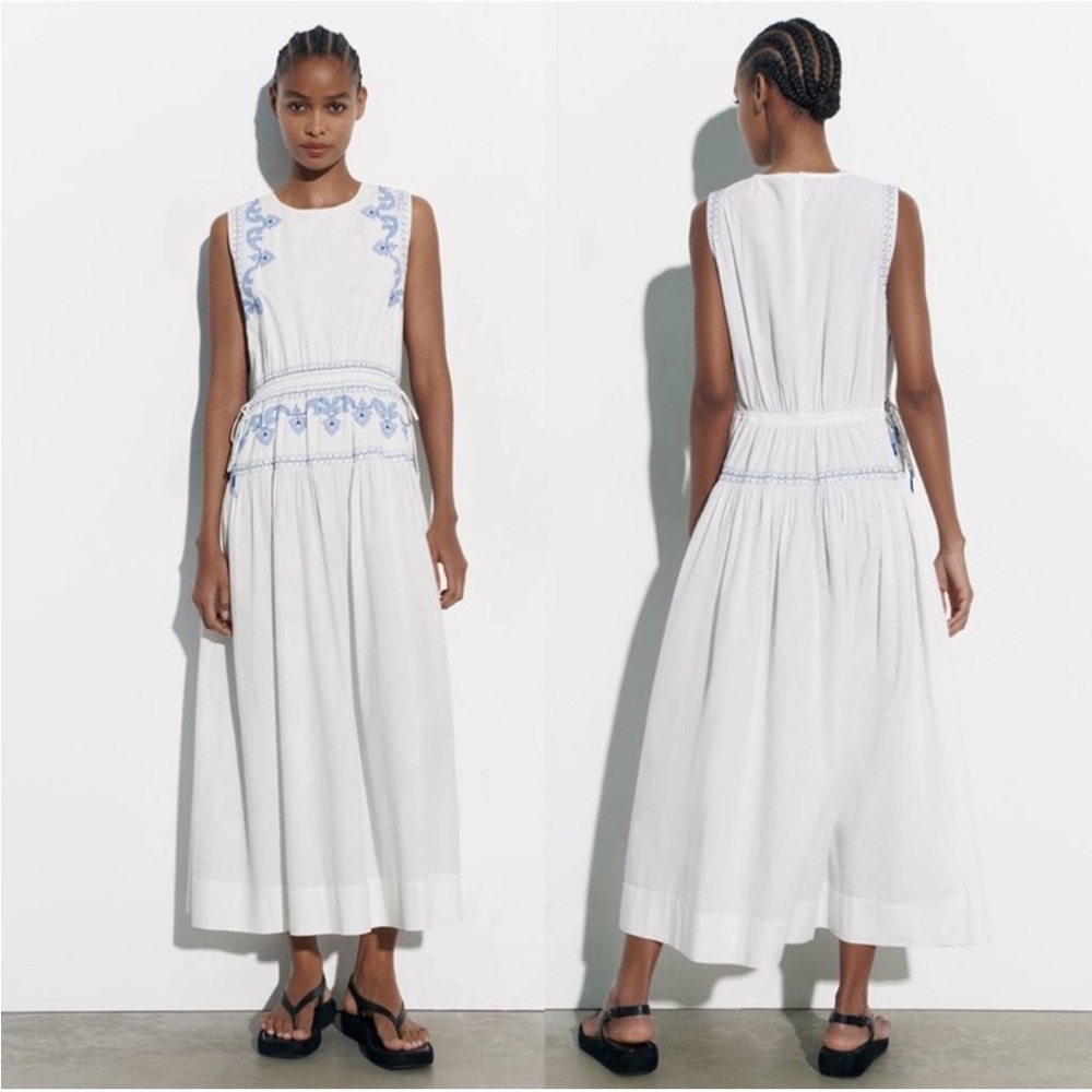 NWT Zara White and Blue Embroidered Dress Size XS